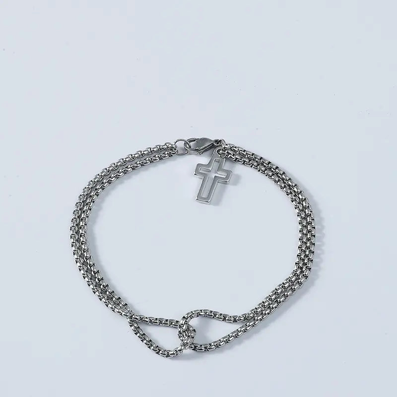 Stainless Steel Cross Bracelet for Men with Dual Chains