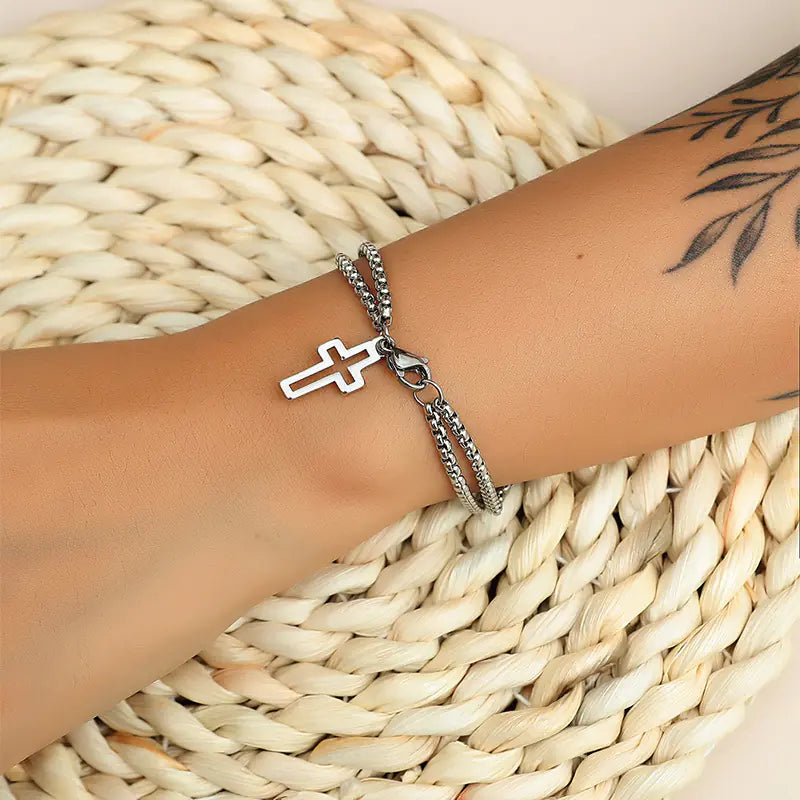 Stainless Steel Cross Bracelet for Men with Dual Chains