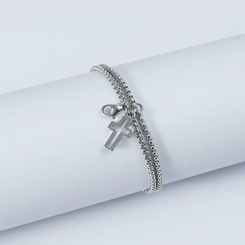 Stainless Steel Cross Bracelet for Men with Dual Chains