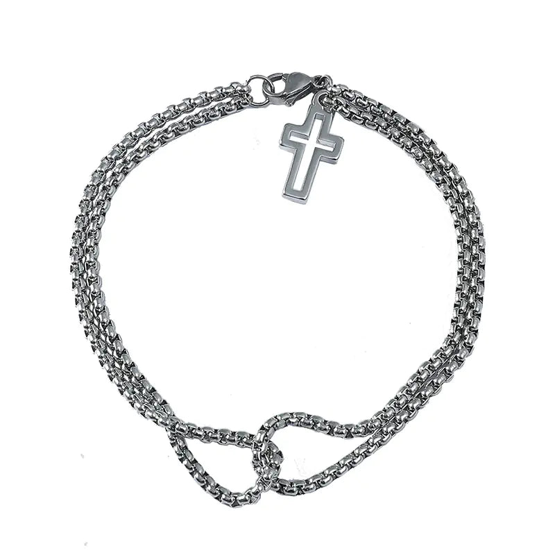 Stainless Steel Cross Bracelet for Men with Dual Chains